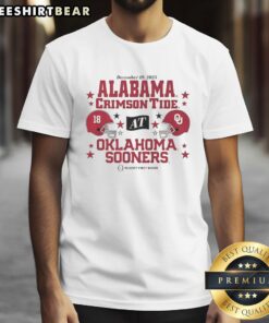 Premium Oklahoma Sooners vs Alabama Crimson Tide 2025 CFP First Round Matchup Helmet T-Shirt featuring team logos.
