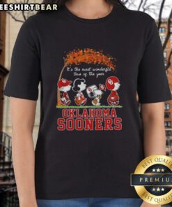 Alt Text: Premium Oklahoma Sooners X Peanuts Snoopy and Friends autumn ladies tee, perfect for celebrating the season.