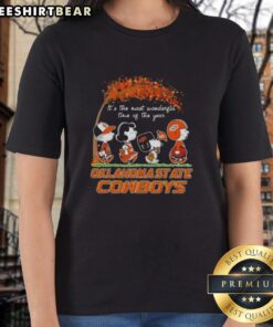 Premium Oklahoma State Cowboys X Peanuts Snoopy and Friends Autumn ladies tee featuring festive fall designs.