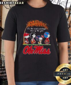 Alt Text: Premium Ole Miss Rebels X Peanuts Snoopy and Friends autumn ladies tee for the most wonderful time of the year.