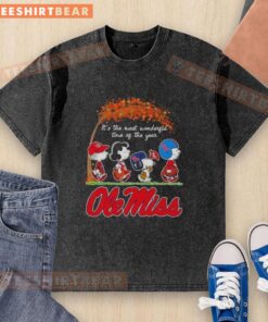 Premium Ole Miss Rebels X Peanuts Snoopy autumn t-shirt featuring festive design, perfect for the most wonderful time of the year.