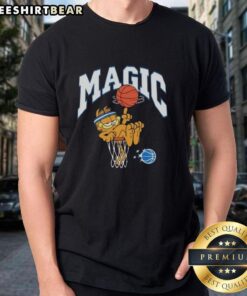 Premium Orlando Magic X Garfield T-Shirt featuring vibrant graphics and a comfortable fit for fans and collectors.