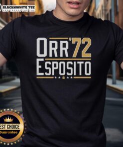 Alt Text: Premium Orr Esposito '72 Bobby Orr Bruins Legends T-Shirt featuring iconic team colors and vintage design for fans.
