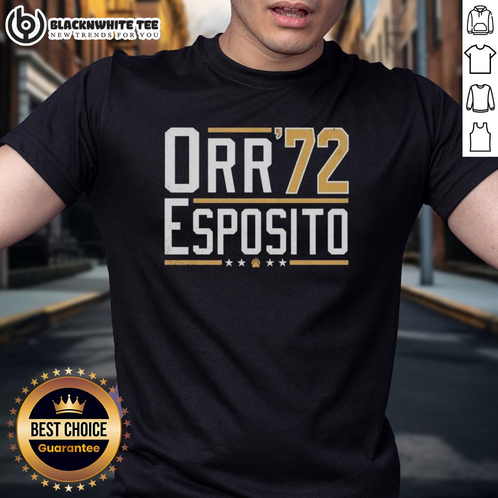 Premium Orr Esposito '72 Bobby Orr Bruins Legends T Shirt Alt Text: Premium Orr Esposito '72 Bobby Orr Bruins Legends T-Shirt featuring iconic team colors and vintage design for fans.