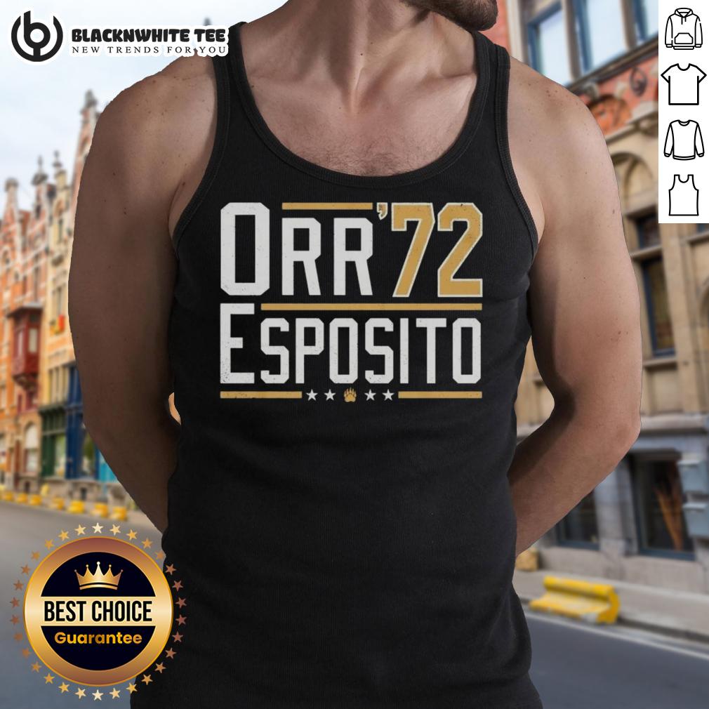 Premium Orr Esposito '72 Bobby Orr Bruins Legends Tank Top Alt Text: Premium Orr Esposito 72 Bobby Orr Bruins Legends tank top featuring iconic team colors and classic logo design.