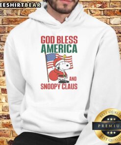 Premium Peanuts God Bless America and Snoopy Claus Hoodie featuring festive design perfect for holiday celebrations.
