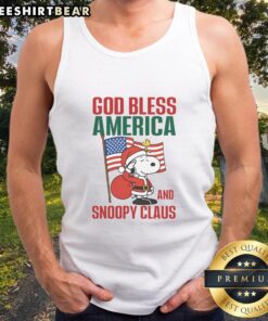Premium peanuts tank top featuring 'God Bless America' and Snoopy Claus design, perfect for patriotic and holiday wear.