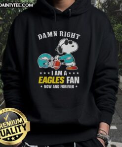 Alt Text: Premium Peanuts Snoopy hoodie featuring 'Damn Right I Am An Eagles Fan' design for loyal Philadelphia Eagles fans.