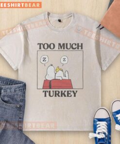 Premium Peanuts Snoopy 'Too Much Turkey' washed T-shirt featuring a playful Snoopy design for fans of classic cartoons.
