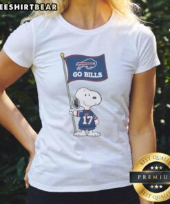Alt Text: Premium Peanuts Snoopy x John Allen Buffalo Bills flag ladies tee featuring vibrant graphics and comfortable fit.