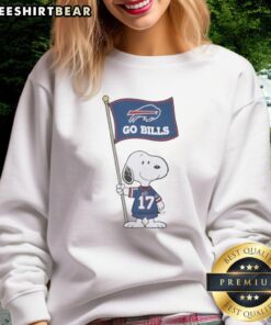 Premium Peanuts Snoopy x John Allen Buffalo Bills flag sweatshirt showcasing vibrant team colors and iconic character design.