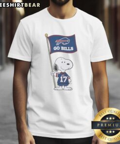 Premium Peanuts Snoopy X John Allen Buffalo Bills Flag T-Shirt featuring Snoopy with a Buffalo Bills flag design.