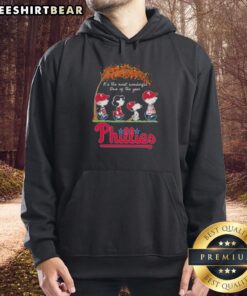 Alt Text: Premium Philadelphia Phillies X Peanuts Snoopy and Friends autumn hoodie featuring festive designs for fall fans.