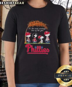 Premium Philadelphia Phillies X Peanuts Snoopy and Friends autumn ladies tee celebrating 'It's The Most Wonderful Time'.