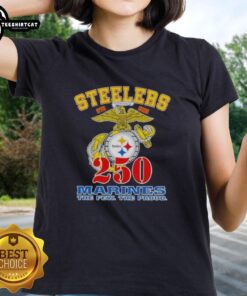 Premium Pittsburgh Steelers X U.S.M.C 250th Birthday Celebration Ladies Tee featuring vibrant team colors and logo design.