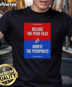 Alt Text: Premium Release The Pedo Files And Arrest The Pedophiles T-Shirt showcasing a bold, impactful design for awareness.