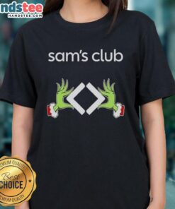 Premium Sam's Club X Grinch Hands Merry Christmas Ladies Tee featuring a festive design perfect for holiday celebrations.