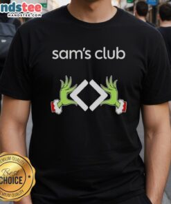 Premium Sam's Club x Grinch Hands Merry Christmas T-Shirt featuring festive design and holiday spirit for Christmas celebrations.