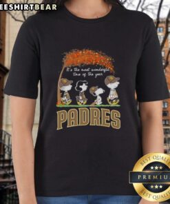 Premium San Diego Padres X Peanuts Snoopy and Friends autumn ladies tee celebrating 'It's the Most Wonderful Time of the Year.'