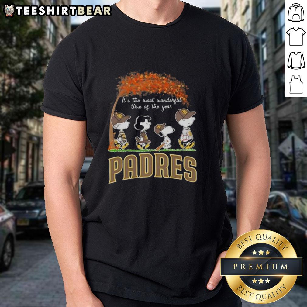 premium-san-diego-padres-x-peanuts-snoopy-and-friends-autumn-its-the-most-wonderful-time-of-the-year-t-shirt Alt Text: Premium San Diego Padres X Peanuts Snoopy and Friends autumn T-shirt celebrating the joy of the season.