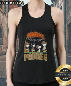 Premium San Diego Padres X Peanuts Snoopy tank top for autumn featuring festive design, perfect for the holidays.