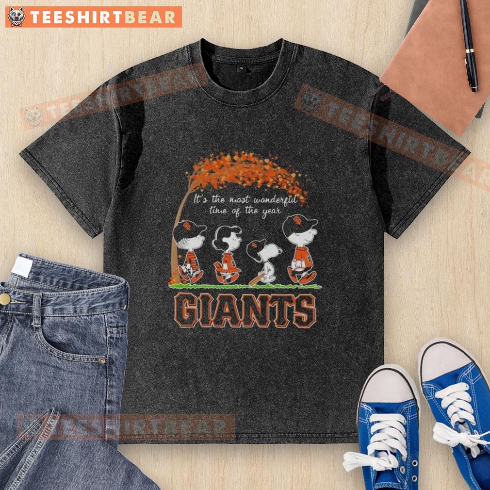 premium-san-francisco-giants-x-peanuts-snoopy-and-friends-autumn-its-the-most-wonderful-time-washed-t-shirt Alt Text: Premium San Francisco Giants X Peanuts Snoopy and Friends Autumn T-Shirt featuring a festive design for the season.