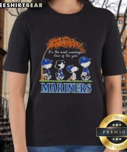 Premium Seattle Mariners X Peanuts Snoopy and Friends autumn ladies tee featuring festive designs for the holiday season.