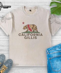 Alt Text: Vintage washed t-shirt featuring Shane Gillis California bear design, perfect for fans of California Republic wordplay.
