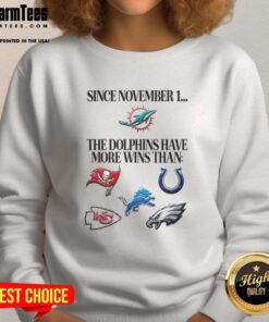 Premium sweatshirt celebrating Miami Dolphins' wins since November 1, featuring team colors and logo.