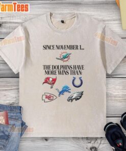 Miami Dolphins logo with text highlighting their wins since November 1, outpacing washed t-shirt comparisons.
