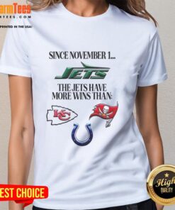 New York Jets ladies tee showcasing the team's wins since November 1, highlighting their premium status.