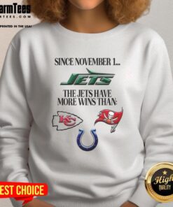 Premium sweatshirt celebrating the New York Jets' wins since November 1, featuring bold team graphics and a cozy design.