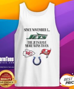 Alt Text: New York Jets logo with text highlighting more wins than tank tops since November 1, showcasing team success.