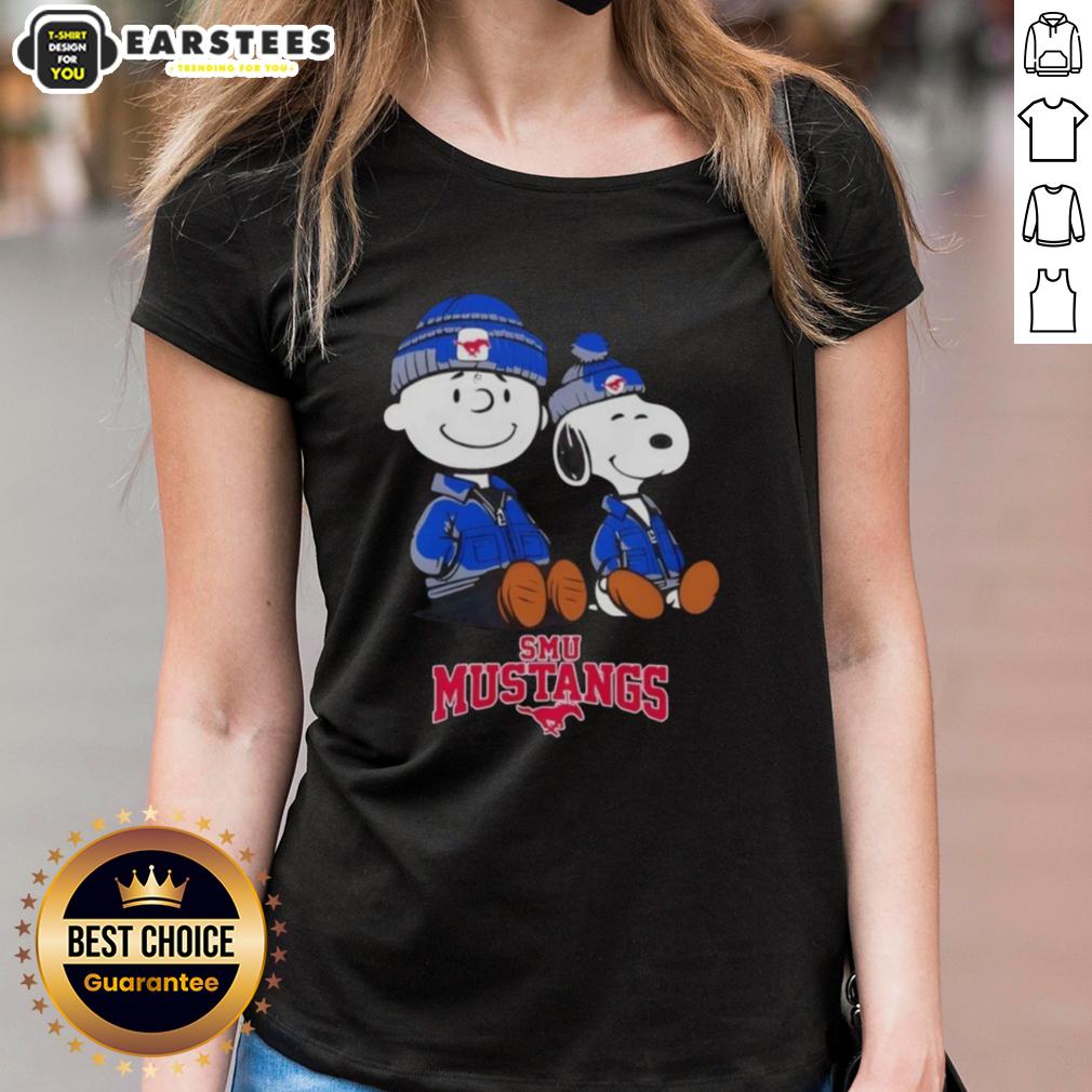 premium-smu-mustangs-x-snoopy-and-charlie-brown-ladies-tee Alt Text: Premium SMU Mustangs x Snoopy and Charlie Brown ladies tee featuring a stylish design ideal for fans.