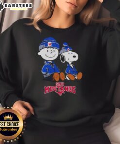 Premium SMU Mustangs X Snoopy and Charlie Brown sweatshirt featuring vibrant graphics and cozy design for fans.