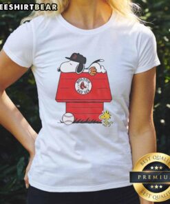 Premium Snoopy and Woodstock Boston Red Sox dugout MLB baseball ladies tee featuring vibrant graphics and comfortable fit.
