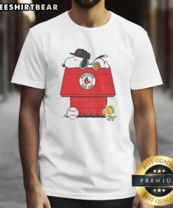 Premium Snoopy and Woodstock MLB baseball t-shirt featuring Boston Red Sox dugout design, perfect for fans.