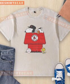 Premium Snoopy and Woodstock Boston Red Sox dugout MLB baseball washed t-shirt featuring iconic cartoon characters.