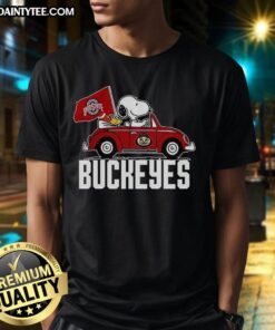 Alt Text: Premium Snoopy and Woodstock driving a car wearing Ohio State Buckeyes flag t-shirt, perfect for fans.