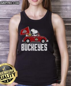 Alt Text: Premium Snoopy and Woodstock driving a car with Ohio State Buckeyes flag on a tank top, perfect for fans.