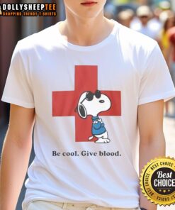Premium Snoopy Be Cool Give Blood T-Shirt featuring vibrant graphics and a fun design promoting blood donation awareness.