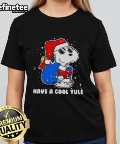 Premium Snoopy Santa Hat tee for women, featuring 'Merry Christmas' and 'Have A Cool Yule' design, perfect for holiday spirit.