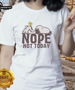Premium Snoopy Sleep and Woodstock mood ladies tee featuring a fun graphic of Snoopy and Woodstock in a 'Nope' mood.