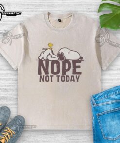 Alt Text: Premium Snoopy and Woodstock in a Nope mood on a stylish washed t-shirt, perfect for casual wear and fans.