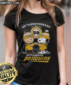 Alt Text: Premium Snoopy Touch Hands Charlie Brown Pittsburgh Penguins 59th Anniversary 1967-2026 Ladies Tee in stylish design.