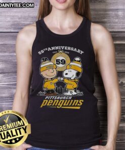 Premium Snoopy Touch Hands Charlie Brown tank top for Pittsburgh Penguins 59th Anniversary 1967-2026, stylish and fun.