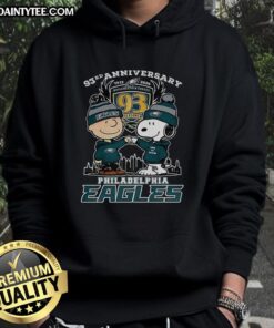 Alt Text: Premium Snoopy Touch Hands Charlie Brown hoodie celebrating Philadelphia Eagles 93rd Anniversary 1933-2026.