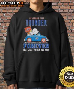 Premium Snoopy X Charlie Brown hoodie featuring driving car design for Oklahoma City Thunder fans, 'Forever Not Just When We Win.'