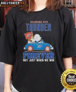 Alt Text: Premium Snoopy X Charlie Brown driving car graphic on Oklahoma City Thunder Forever tee for ladies, perfect for fans.