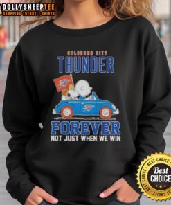 Premium Snoopy X Charlie Brown sweatshirt featuring driving car design for Oklahoma City Thunder fans, 'Forever Not Just When We Win.'